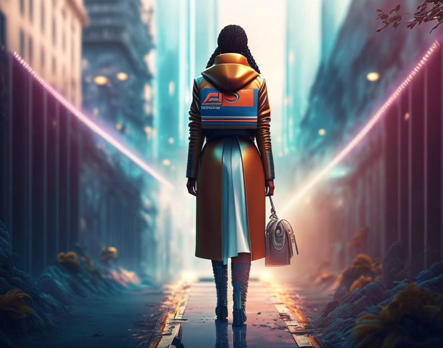 Futuristic figure in trench coat in neon-lit city alley