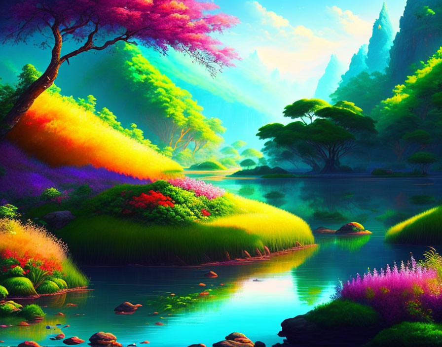 Colorful Landscape with River, Pink Trees, and Blue Sky