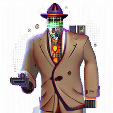 Glitched digital art of person in beige suit and hat with pixelated face and gun