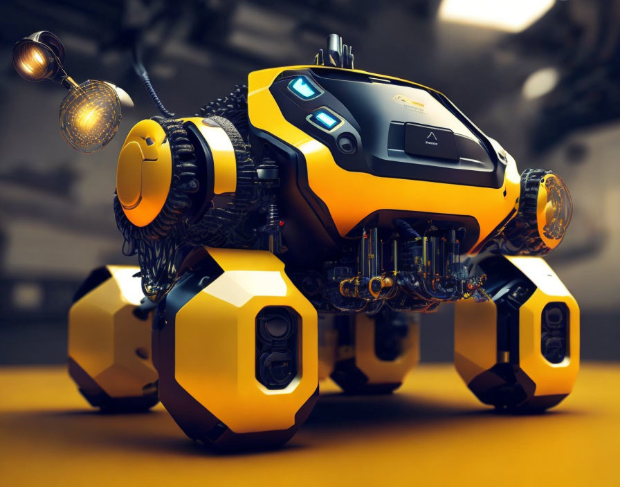 Futuristic yellow and black robot with intricate wiring in high-tech facility