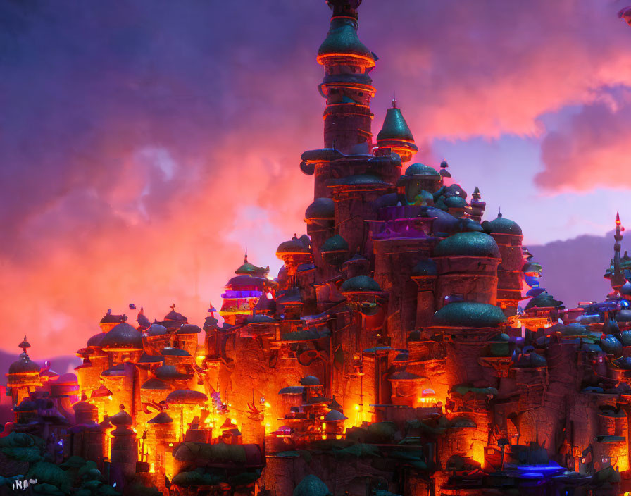 Colorful castle with intricate spires under dramatic sunset sky