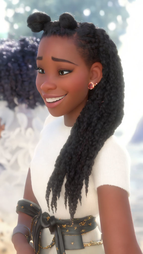 Dark-skinned animated girl with buns and braids in white top and brown belt with golden accents