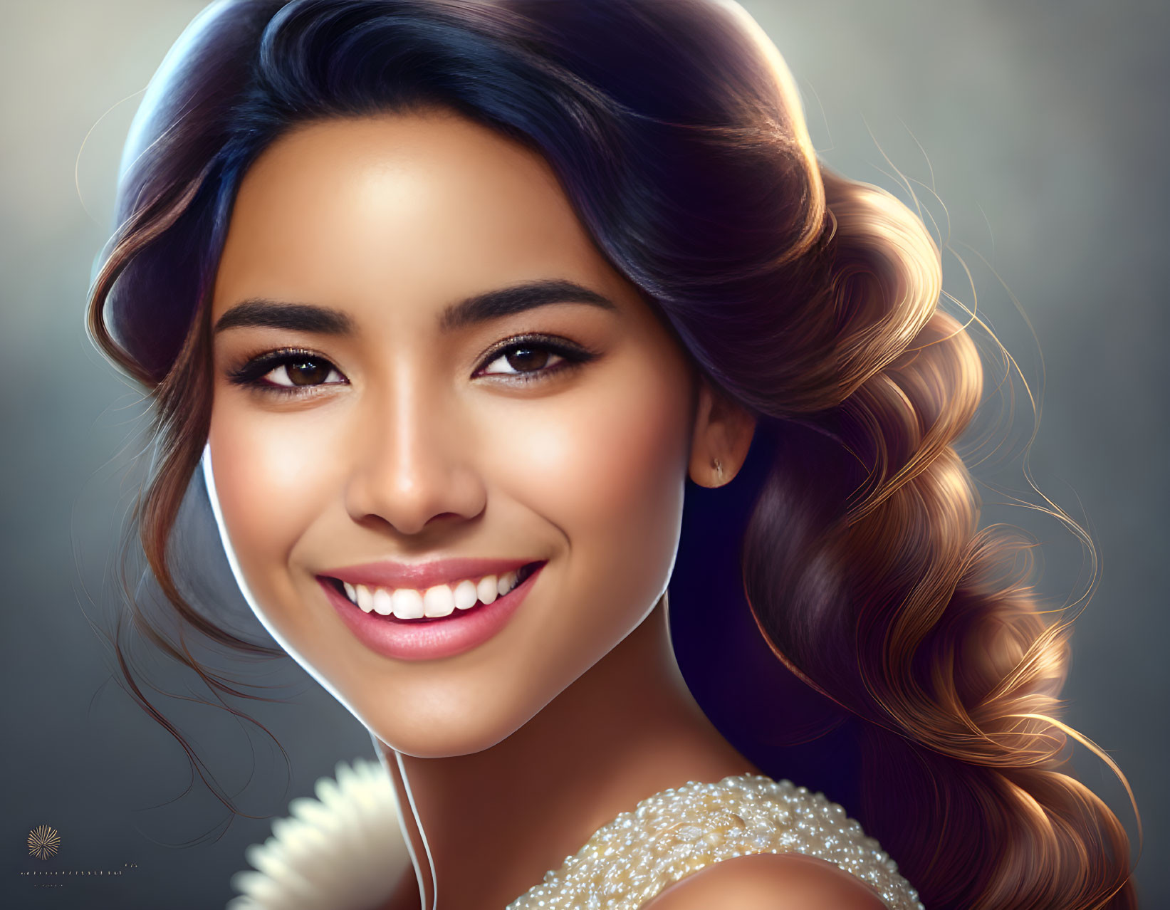 Smiling young woman with wavy hair in pearl earphones and sequined outfit