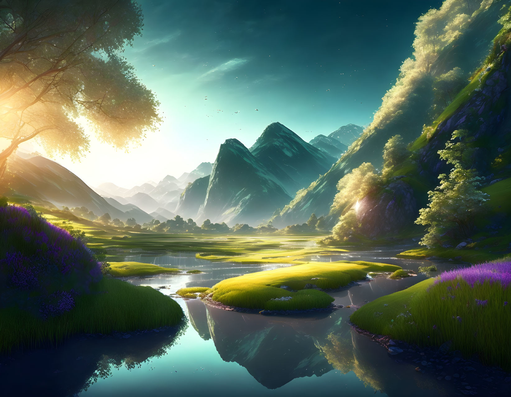 Scenic green valley with purple flowers, serene river, mountains, trees, and birds