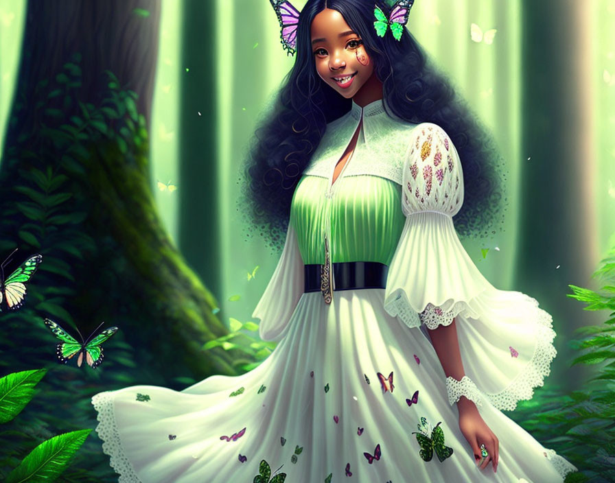 Young woman in butterfly dress smiling in sunlit forest