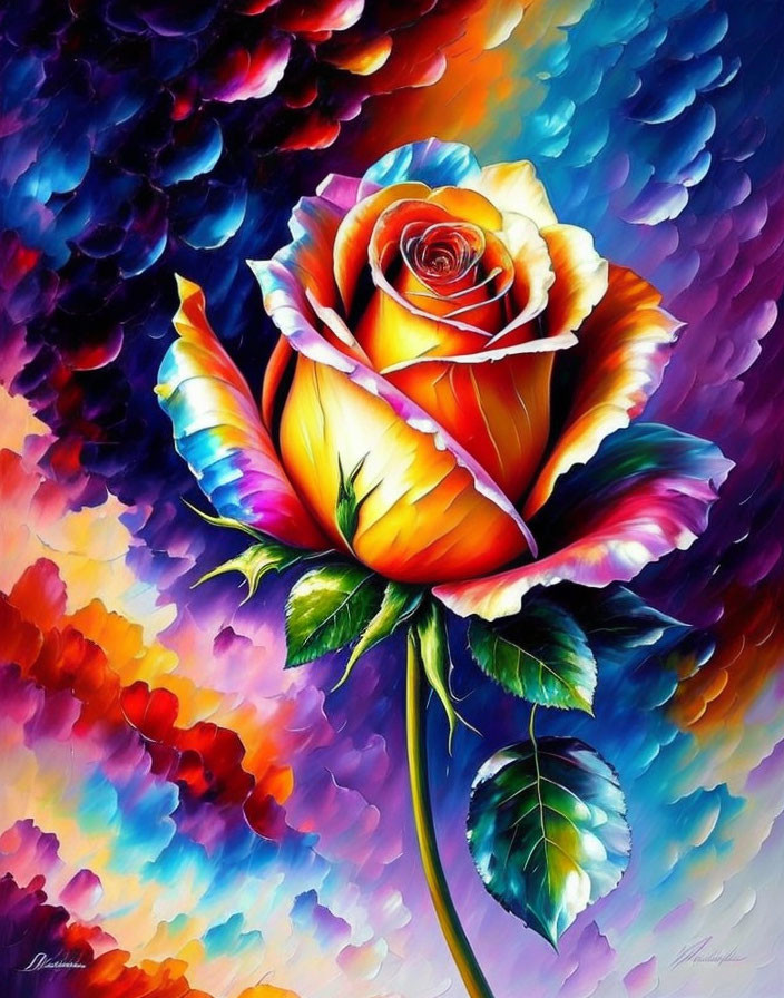 Colorful Rose Painting with Rainbow Palette on Abstract Background