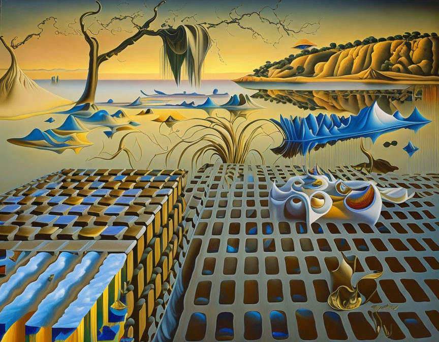 Surreal landscape: melting objects, checkerboard patterns, fluid shapes