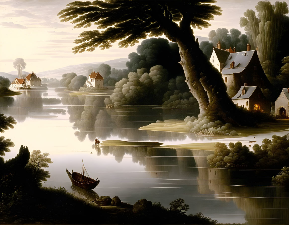 Tranquil landscape with lake, houses, trees, and boat