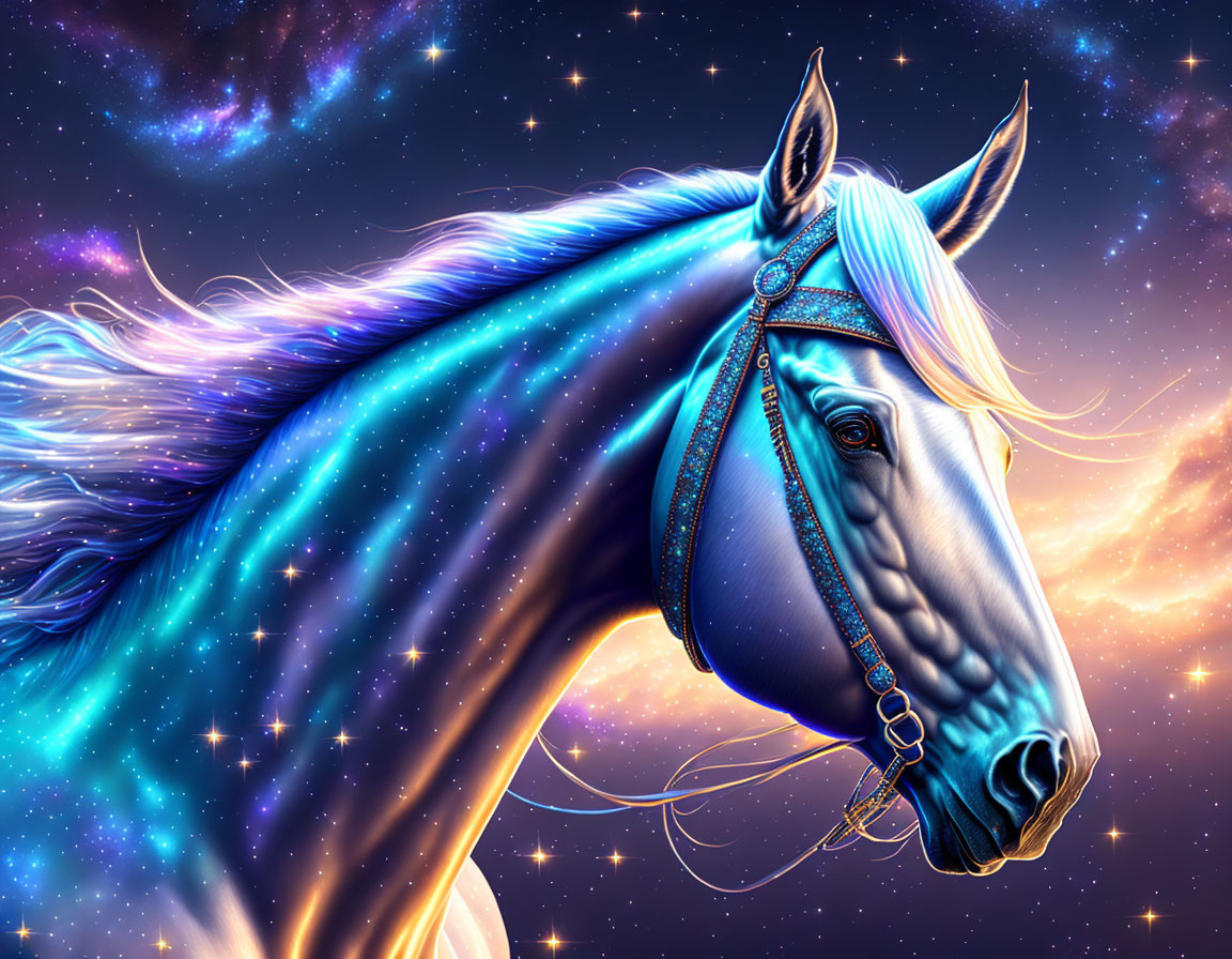 Majestic horse with glowing blue coat in cosmic setting