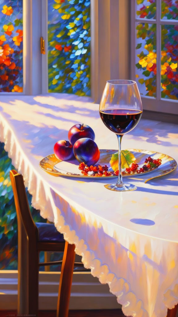 Colorful dining scene with red wine, apples, and berries on white tablecloth by autumn window.