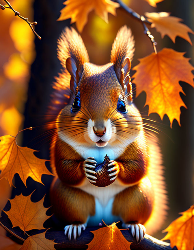 Anthropomorphic squirrel with acorn in autumn setting