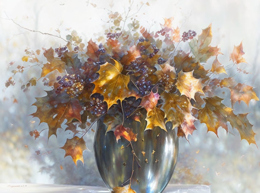 Autumn leaves and berries in reflective vase on light background