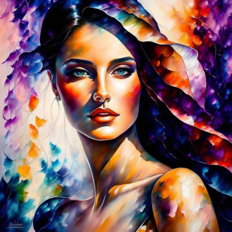 Colorful Abstract Painting of Woman with Blue Eyes and Flowing Hair