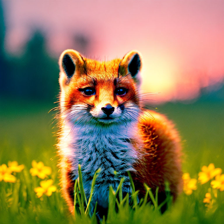 Red Fox in Field with Yellow Flowers at Sunset