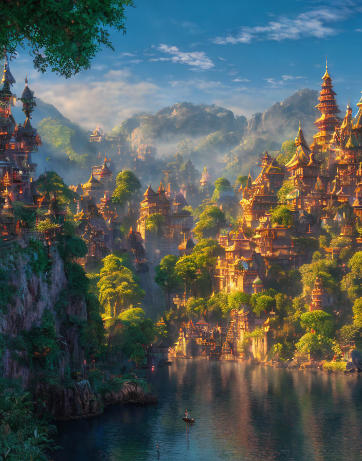 Tranquil landscape with pagoda-style structures in misty mountains