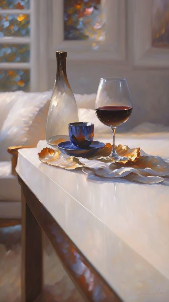 Classic Still-Life Painting with Bottle, Wine Glass, Cup, and Biscuit Crumbs