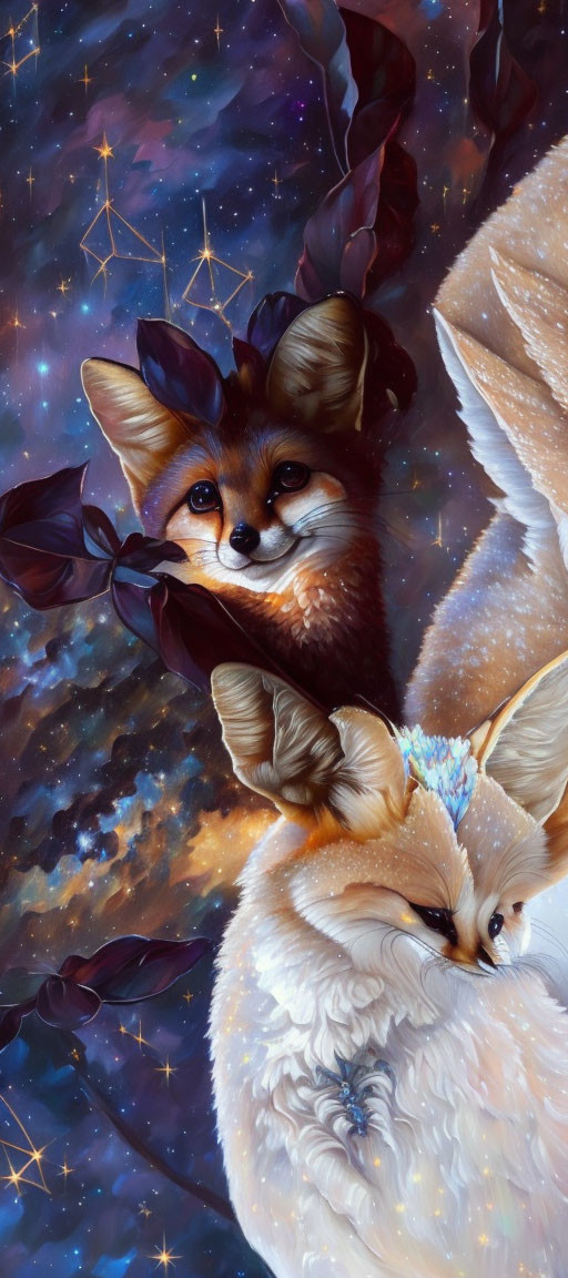 Whimsical portrayal of two fox-like creatures in a celestial setting