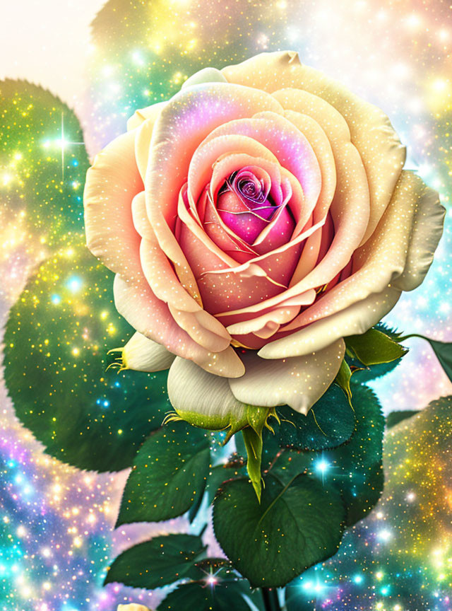 Multicolored rose with sparkling effects on star-studded background