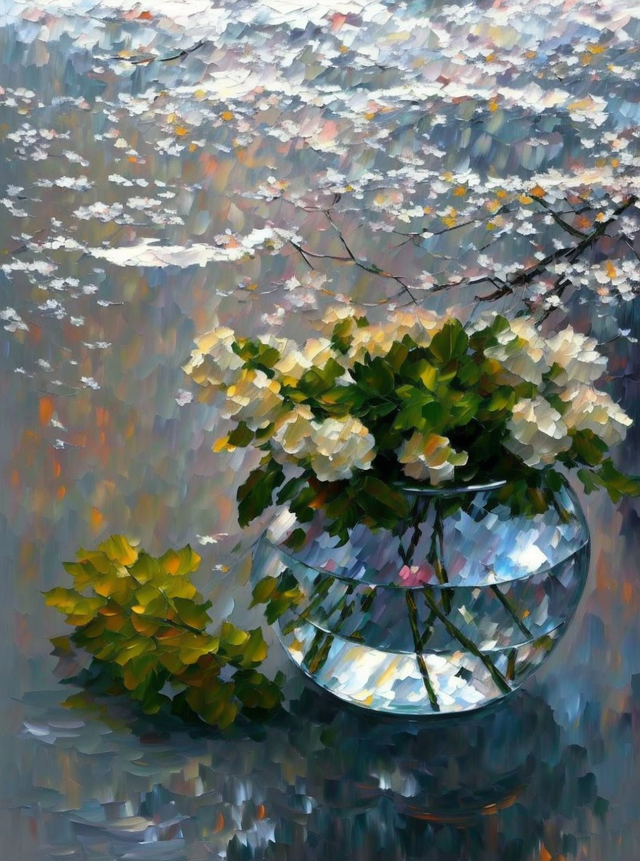 Colorful impressionistic painting of round glass vase with white blooms and green foliage on reflective surface.