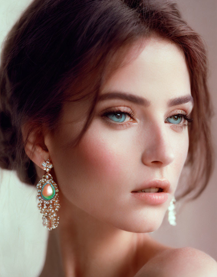 Close-up portrait of woman with turquoise earrings and styled updo