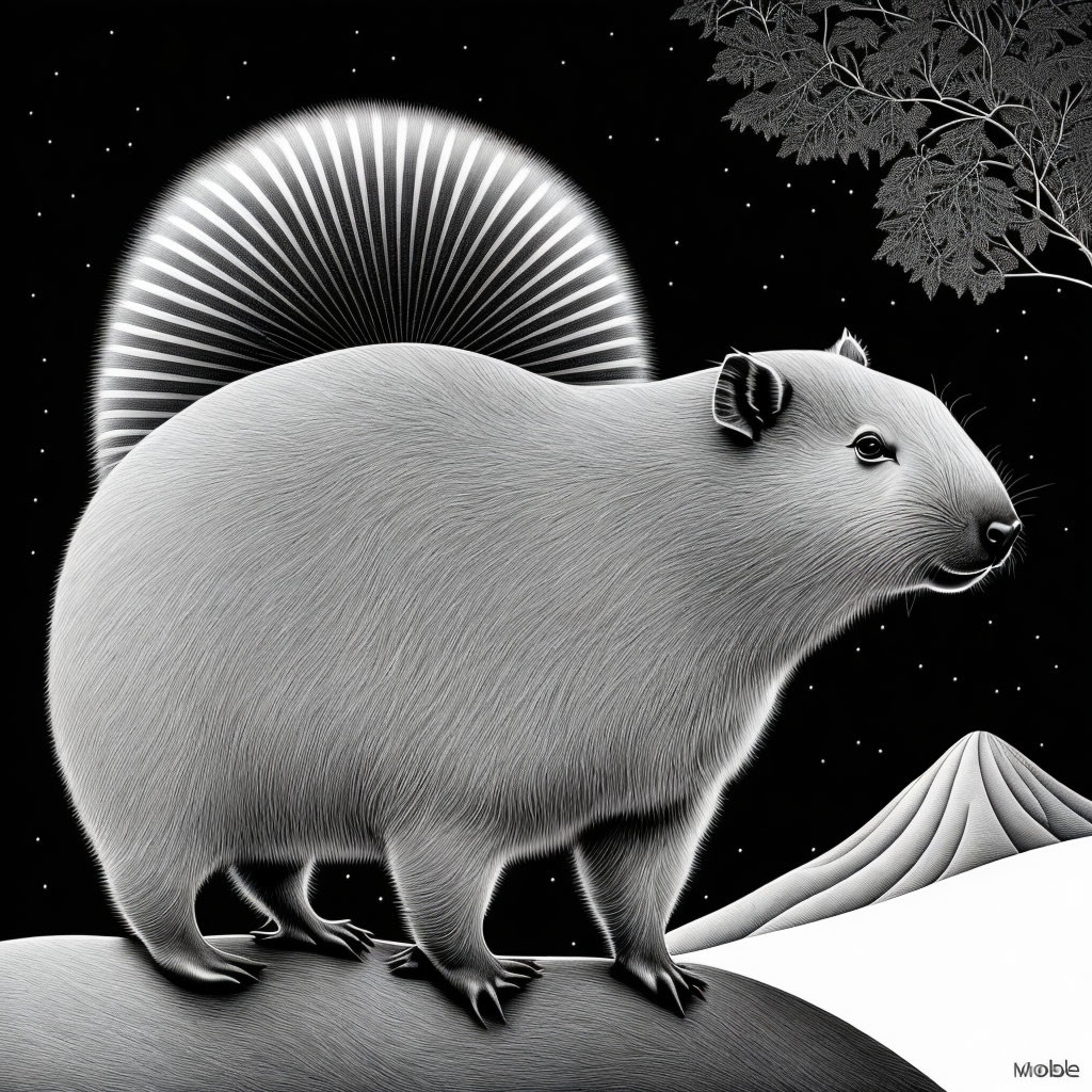 Stylized black and white capybara illustration with halo effect in night sky landscape