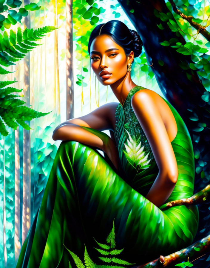 Digital Art: Seated Woman in Green Dress with Jungle Background