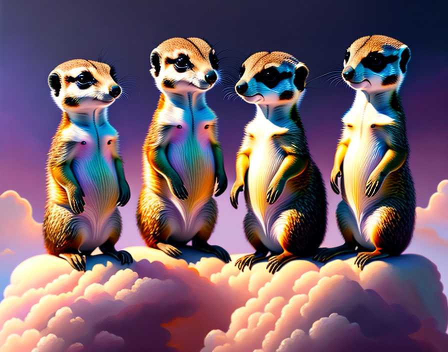 Four meerkats on clouds in colorful sunset sky