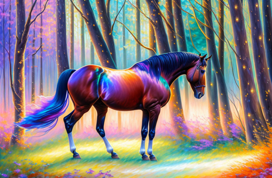 Colorful Rainbow Sheen Horse in Vibrant Forest