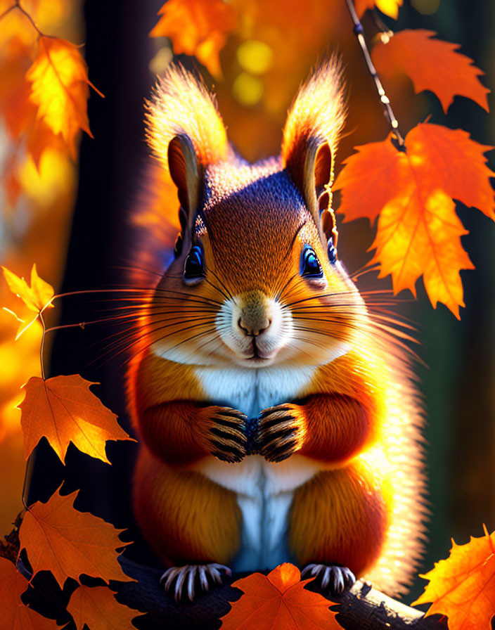 Colorful digital artwork: squirrel in autumn leaves with soft-focus background