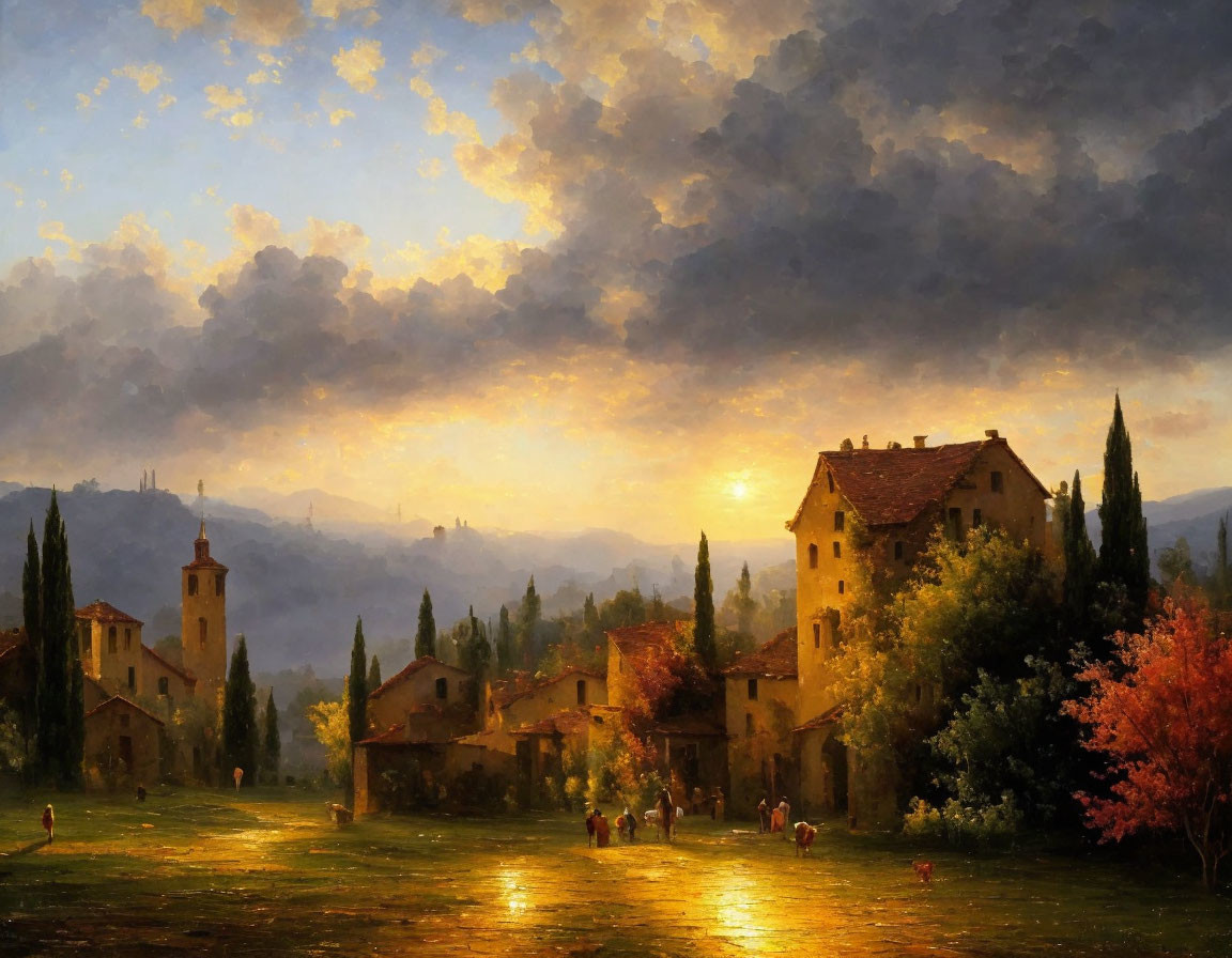 Rustic village sunset with warm light, cypress trees, and dramatic sky