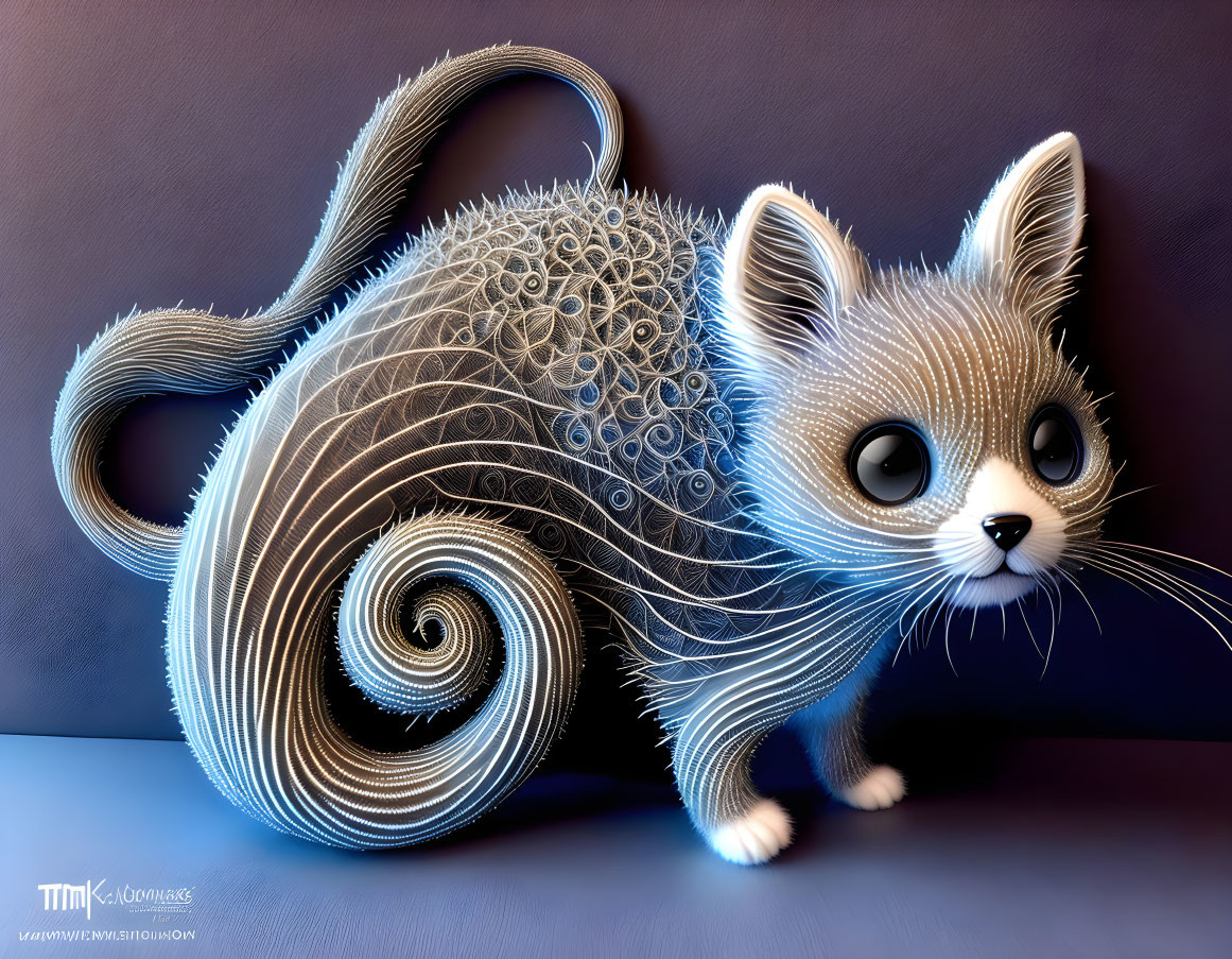 Stylized digital artwork of a cat with intricate patterns and exaggerated features