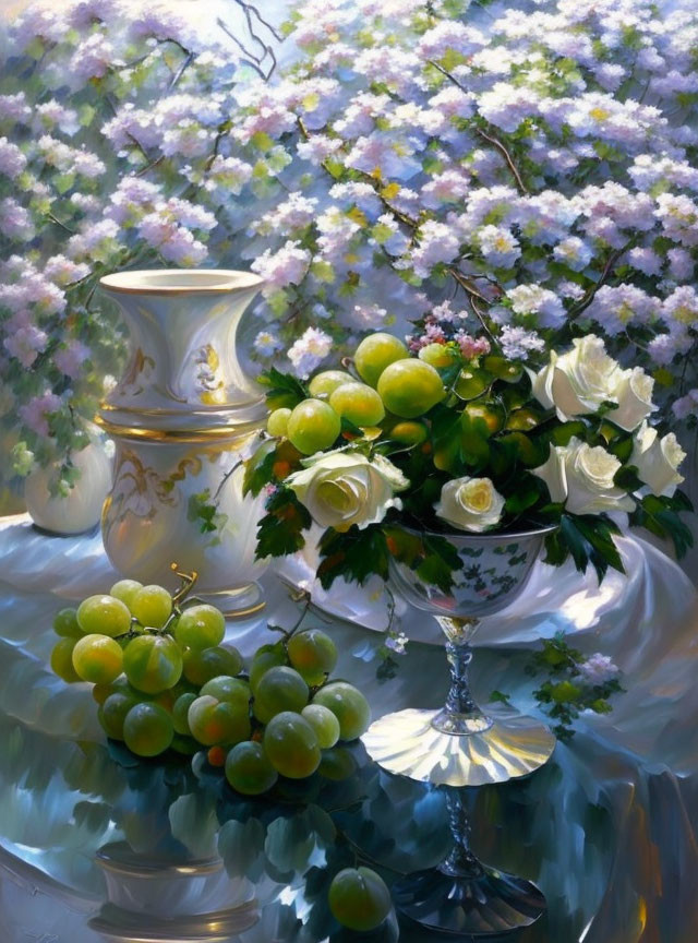 Classic Still Life Painting with Vase, Flowers, Glass Bowl, and Grapes