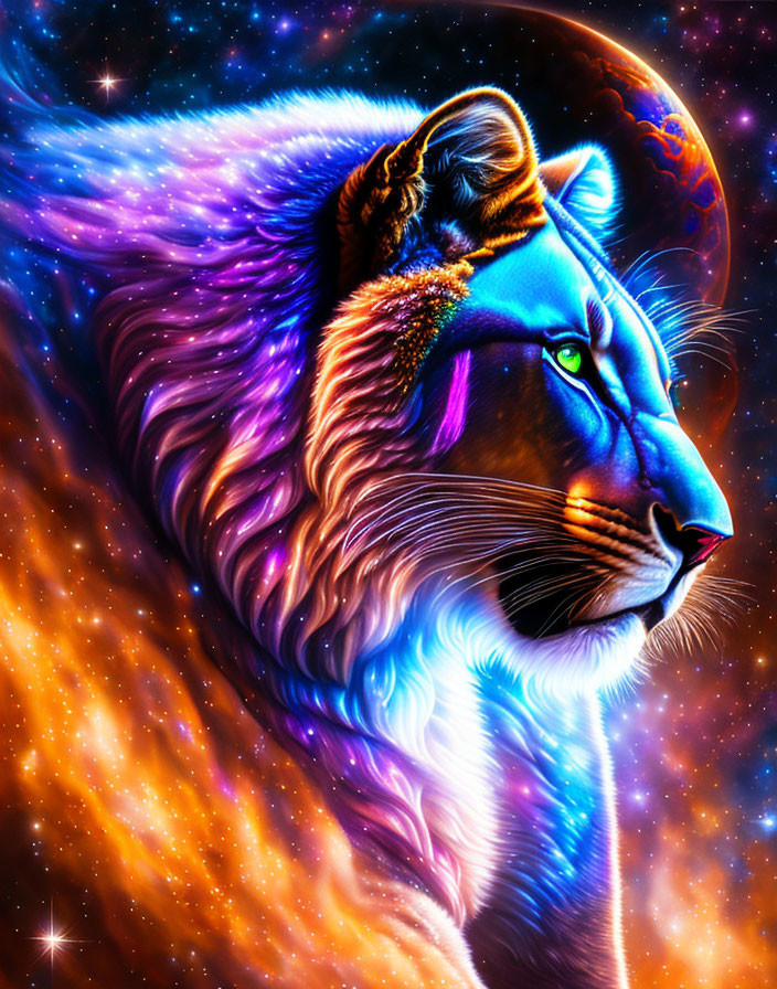 Colorful Digital Artwork: Majestic Lion with Cosmic Mane in Blue, Purple, and Orange on