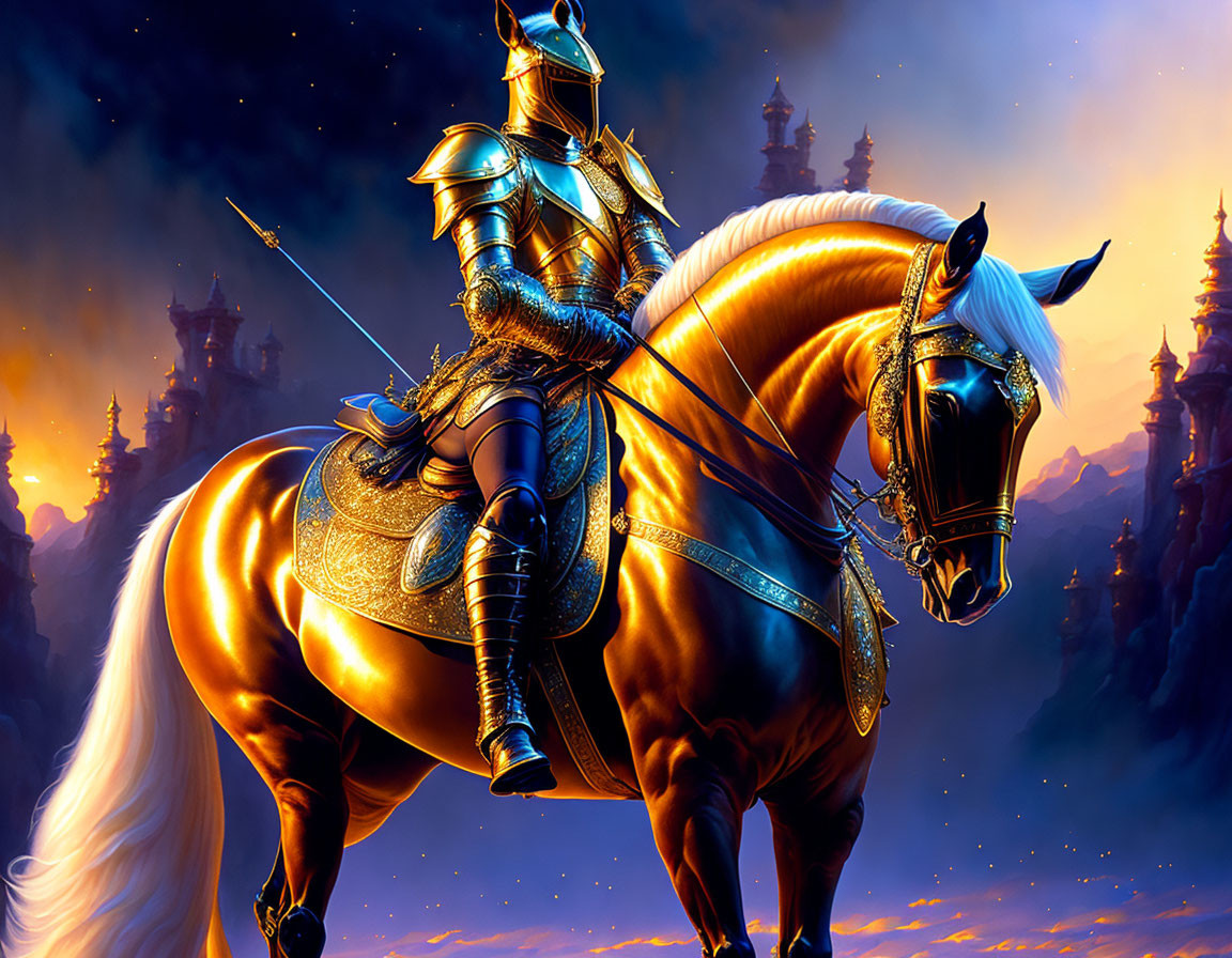 Golden armored knight on horseback against twilight sky with Eastern-style buildings.