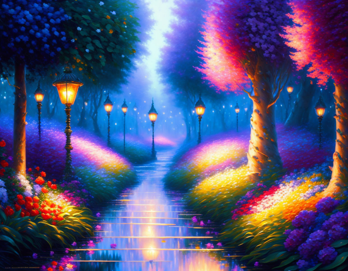 Colorful trees and blooming flowers in a magical forest path.