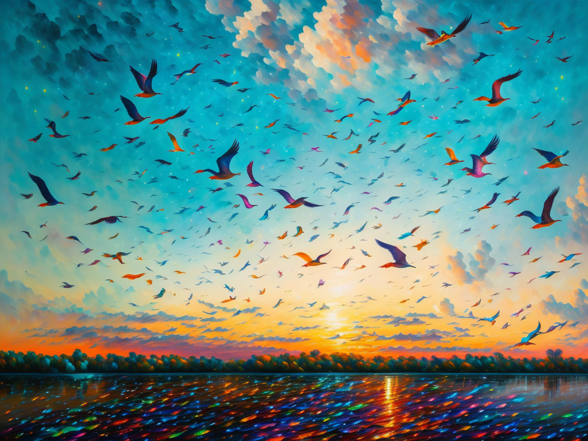 Colorful Bird Painting with Sunset Reflections in Water