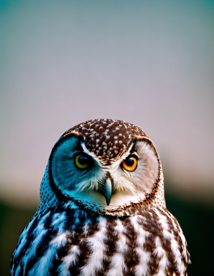 Brown and White Owl with Yellow Eyes and Sharp Beak on Blurred Background