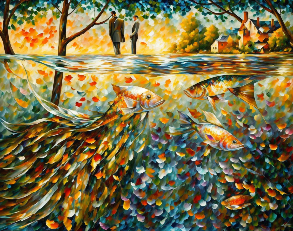 Colorful landscape painting with couple under autumn tree and fish swimming.