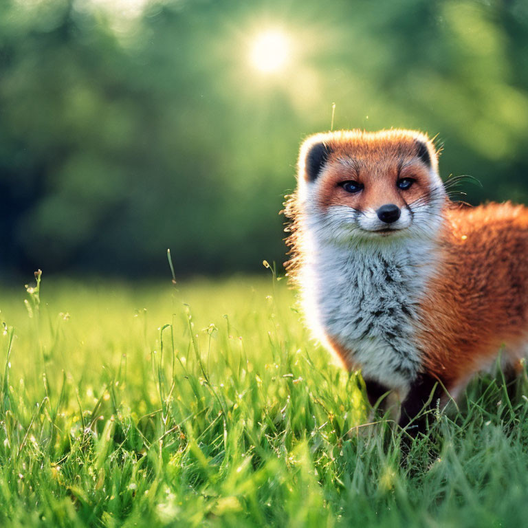 Red Fox in Green Field with Sunlit Trees