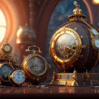 Vintage pocket watches and clocks against elegant arched windows