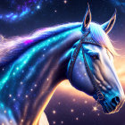 Majestic horse with glowing blue coat in cosmic setting