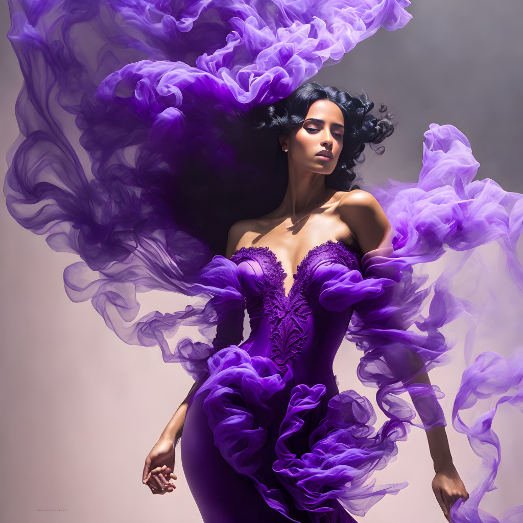 Woman in Purple Dress with Flowing Smoke-Like Fabric on Neutral Background