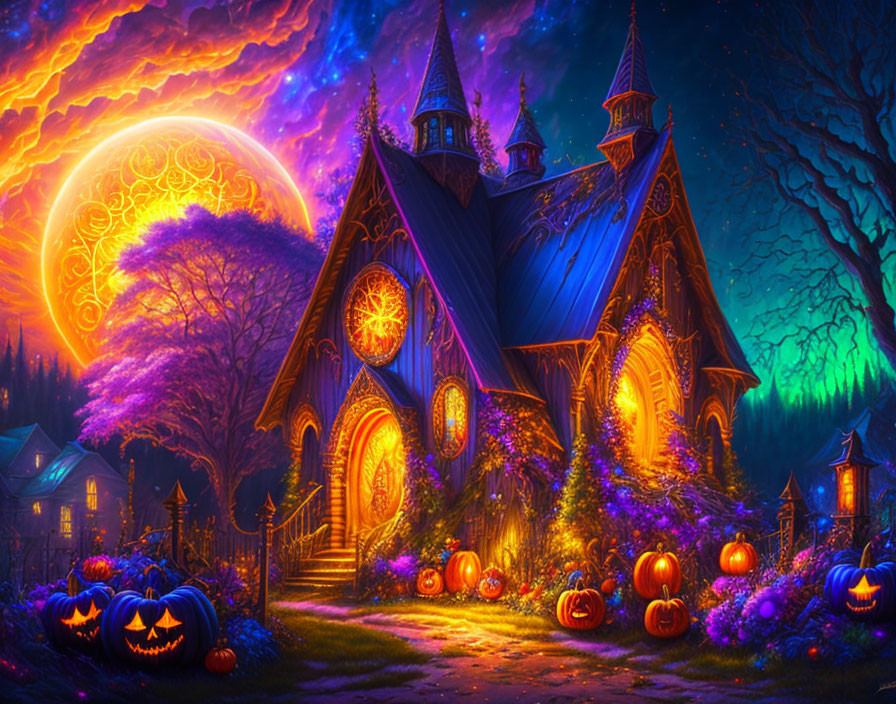 Fantasy gothic house with blue roofs under yellow moon, Halloween decorations, purple trees, eerie sky