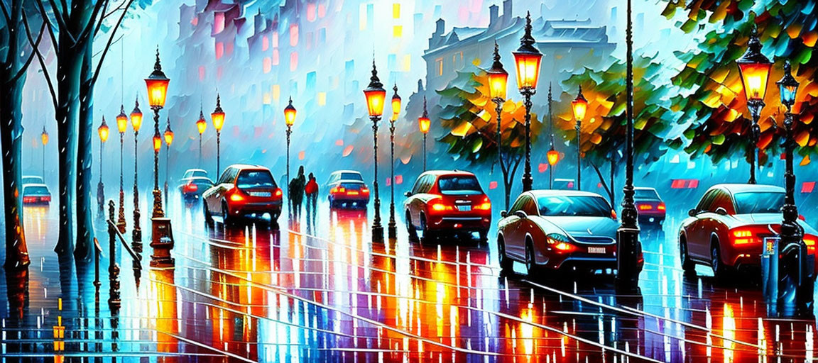 Colorful Rainy Evening Street Scene with Illuminated Lamps and Wet Pavement