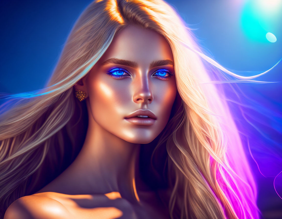 Portrait of Woman with Glowing Blue Eyes and Neon Lights