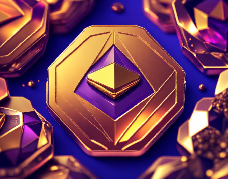 Golden Ethereum Coin Among Octagon Shape on Blue Background