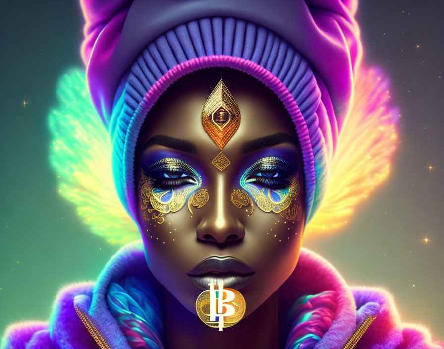 Colorful digital portrait of woman with golden makeup, purple hat, Bitcoin symbol, and neon wings.