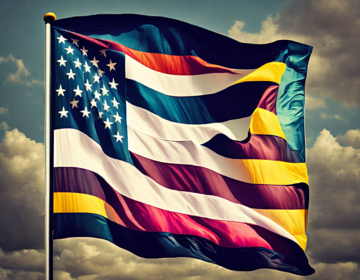 Colorful American flag against cloudy sky with yellow, red, and teal hues