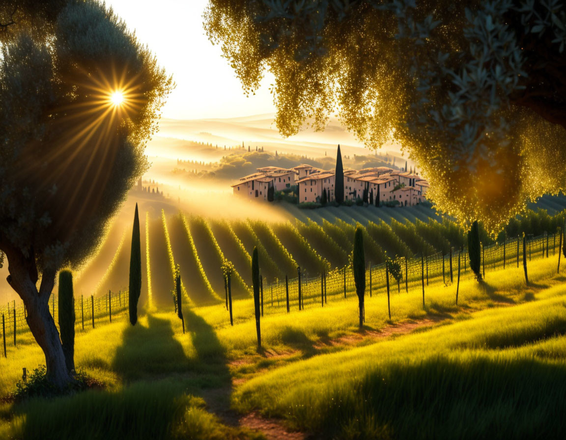 Tranquil sunset scene over vineyard with rolling hills