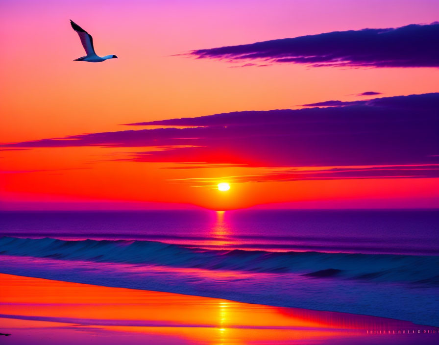 Seagull flying over beach at sunset with pink and purple skies